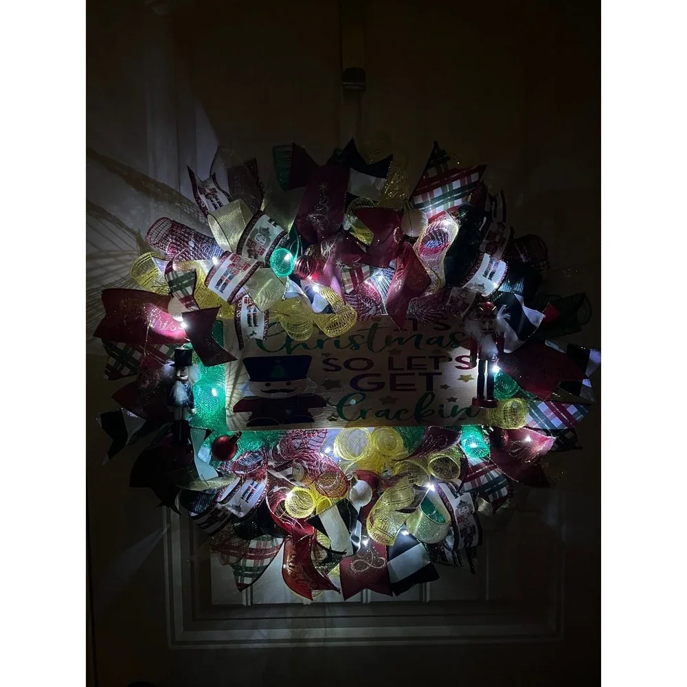 Christmas Nutcracker Holiday Ribbon Door Wreath Handmade 22 ins LED W3